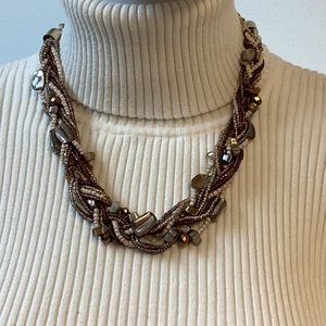 Brown and Beige braided bead necklace with gold tone chain, (281)